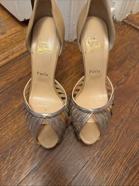 Christian Louboutin Nude and Metallic Strappy Peep-Toe Heels